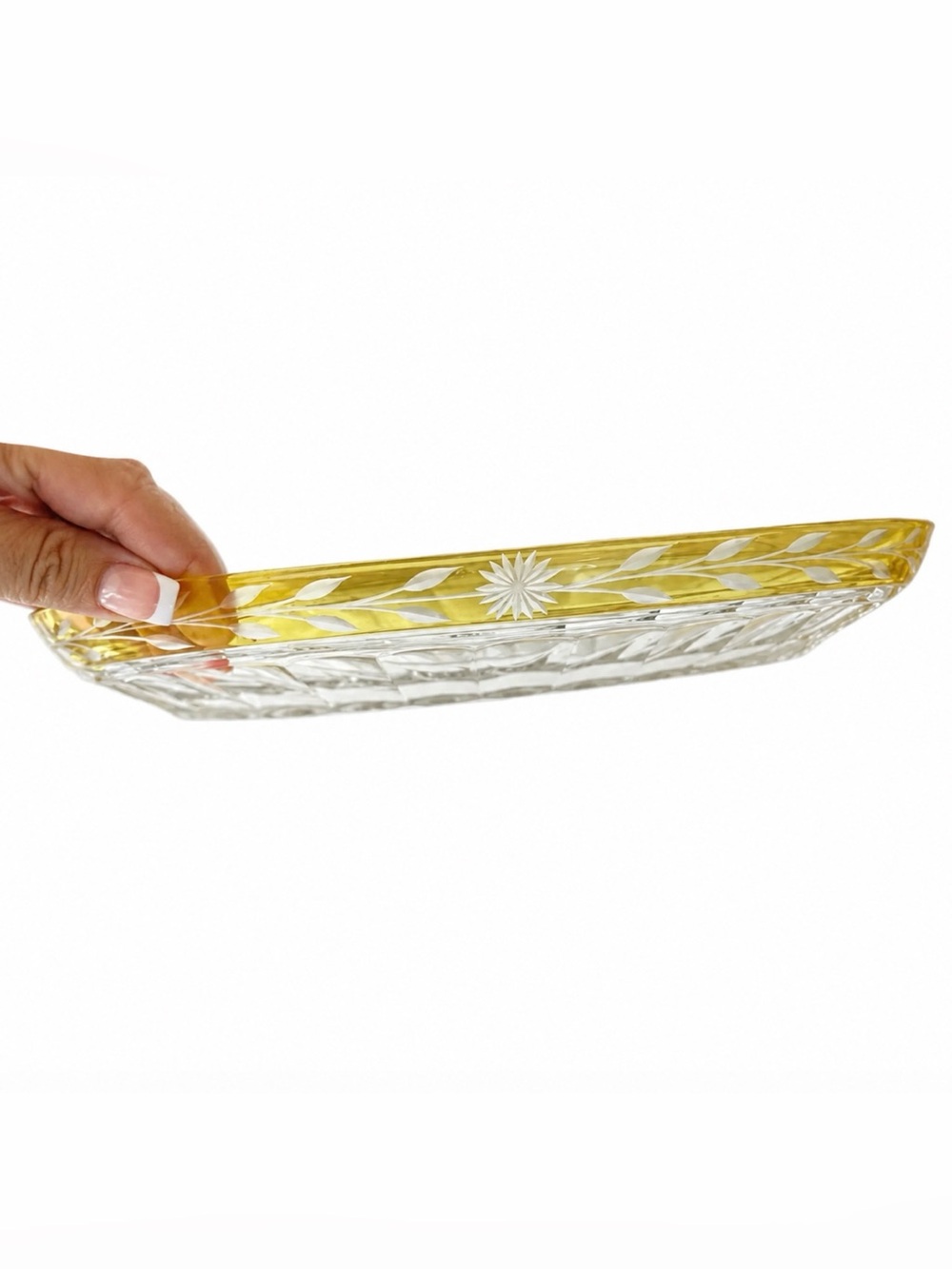 Antique Yellow Edged Oval Crystal Serving Dish with Flower & Leaf Rim Lovely EUC